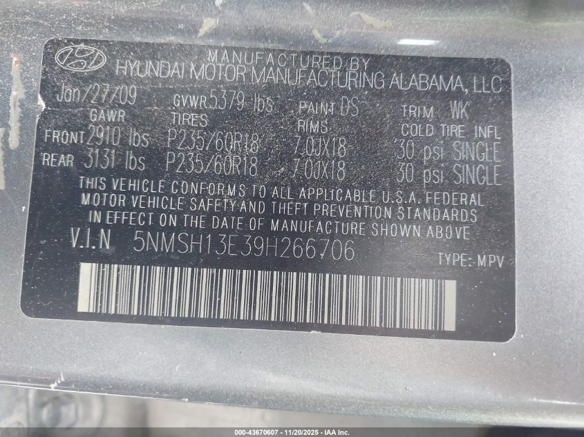 2009 Hyundai Santa Fe Limited VIN: 5NMSH13E39H266706 Lot: 43670607