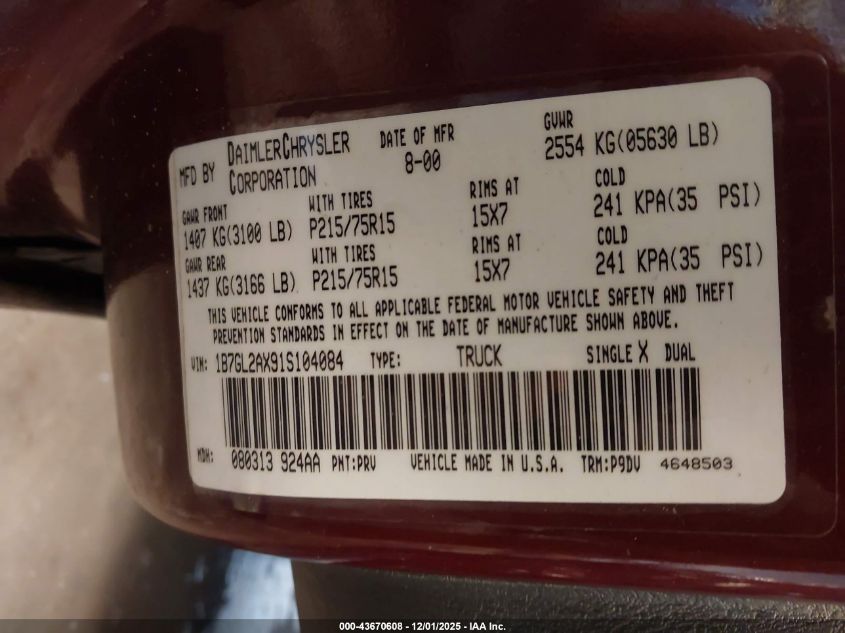 2001 Dodge Dakota Slt/Sport VIN: 1B7GL2AX91S104084 Lot: 43670608