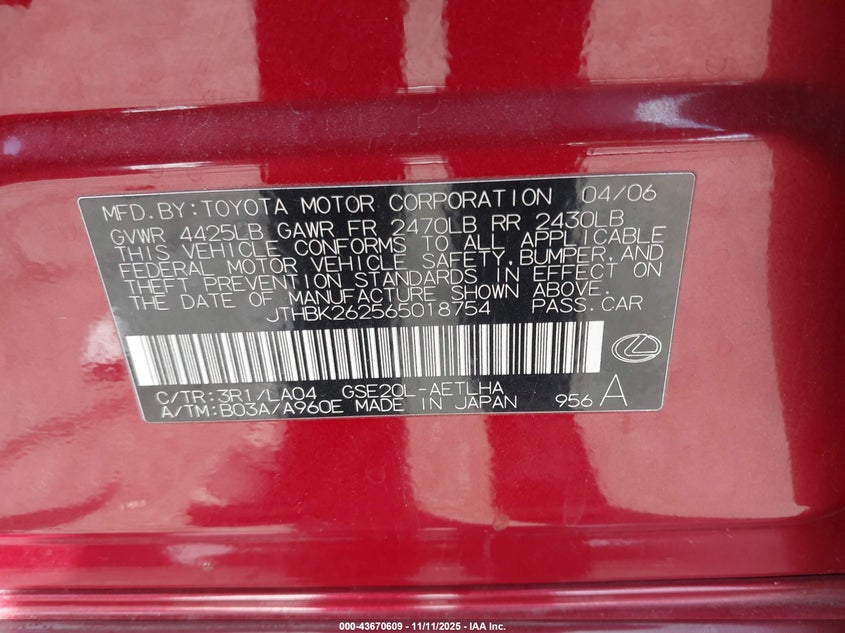 JTHBK262565018754 2006 LEXUS IS photo no. 9