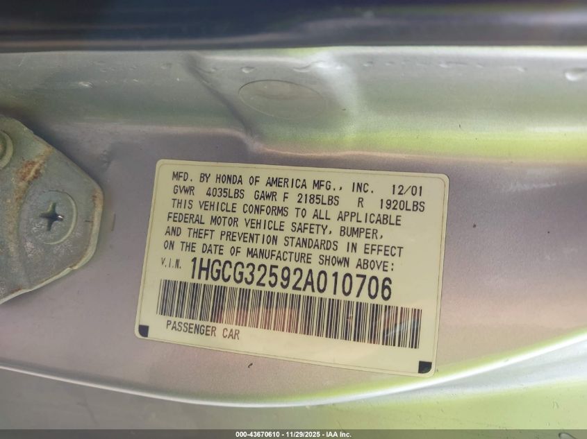 2002 Honda Accord 2.3 Ex VIN: 1HGCG32592A010706 Lot: 43670610