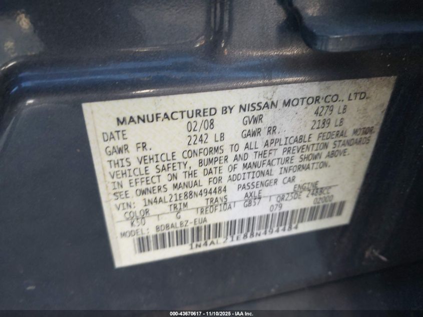 2008 Nissan Altima 2.5 S VIN: 1N4AL21E88N494484 Lot: 43670617