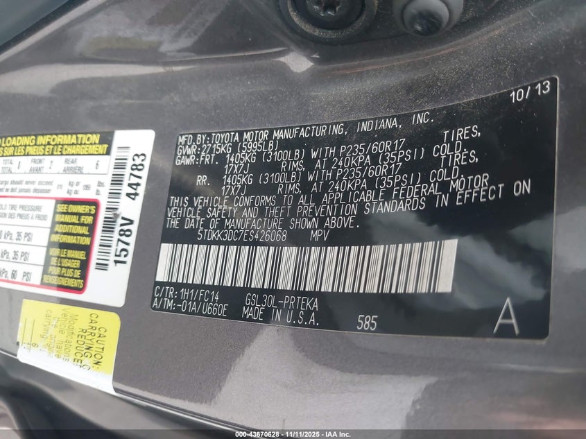 2014 TOYOTA SIENNA LE V6 8 PASSENGER 5TDKK3DC7ES426068