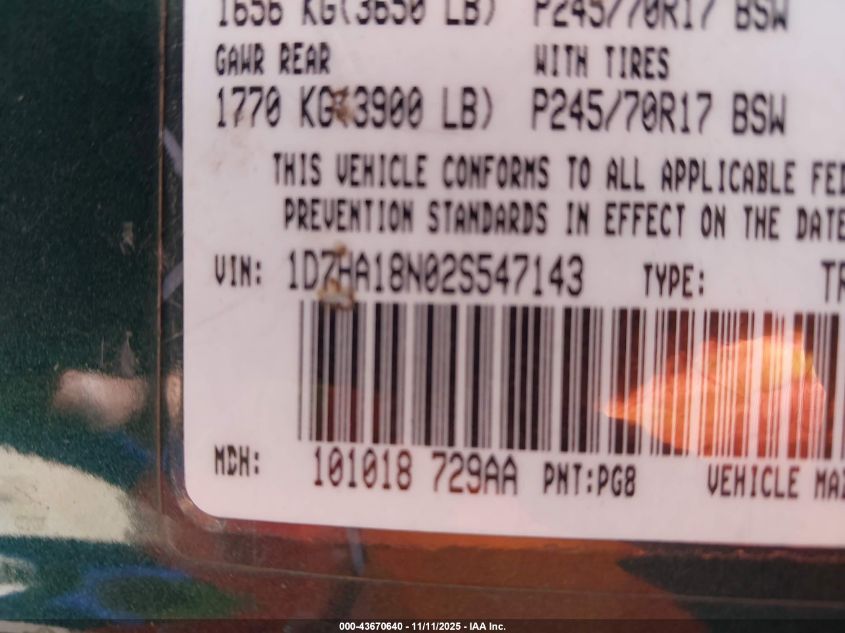 2002 Dodge Ram 1500 St VIN: 1D7HA18N02S547143 Lot: 43670640