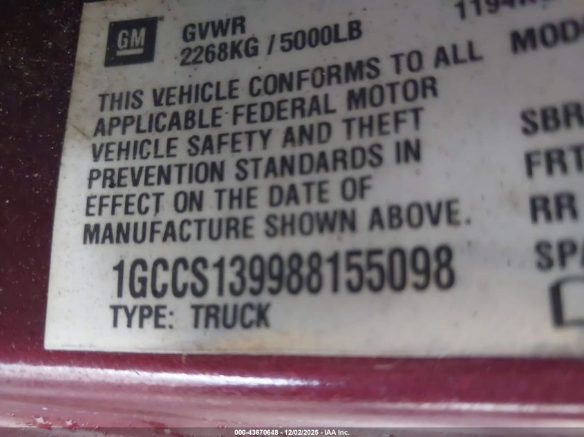 2008 Chevrolet Colorado Lt VIN: 1GCCS139988155098 Lot: 43670648