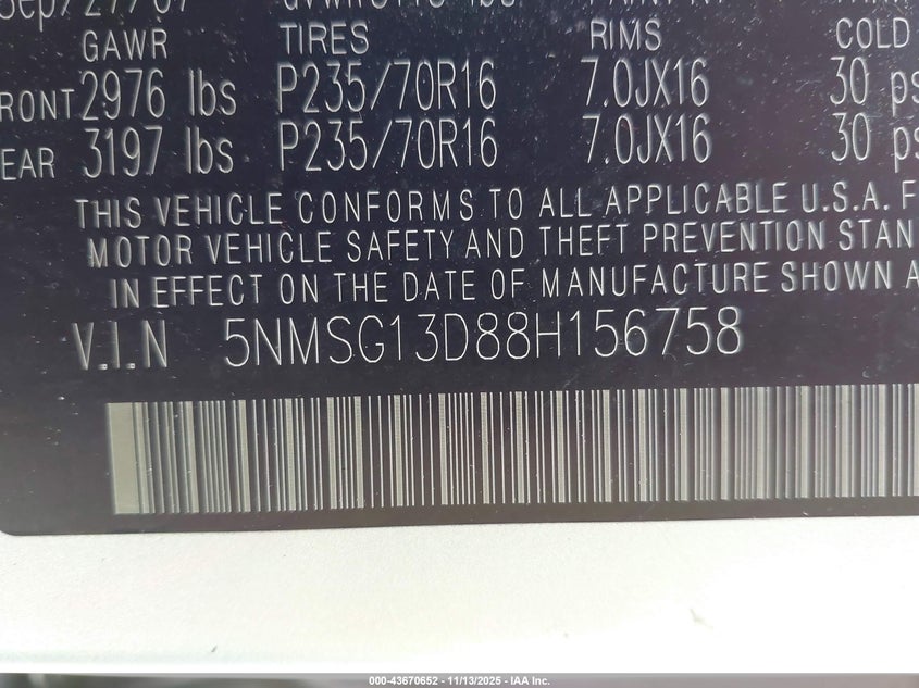 5NMSG13D88H156758 2008 HYUNDAI SANTA FE photo no. 9
