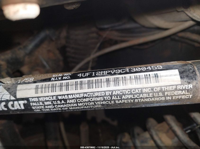 2012 Arctic Cat Other VIN: 4UF12MPV9CT300459 Lot: 43670662