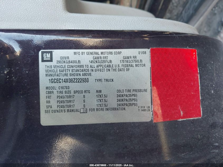 2008 Chevrolet Silverado 1500 Work Truck VIN: 1GCEC14X08Z222930 Lot: 43670668