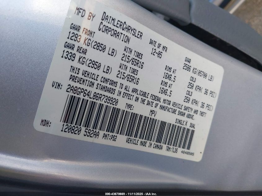 2006 Chrysler Town & Country Limited VIN: 2A8GP64L86R739920 Lot: 43670669