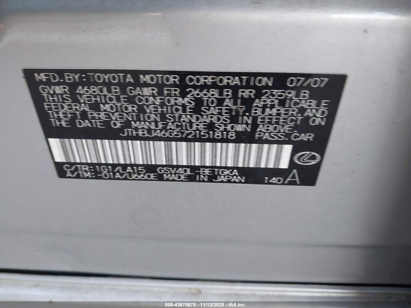 JTHBJ46G572151818 2007 LEXUS ES photo no. 9