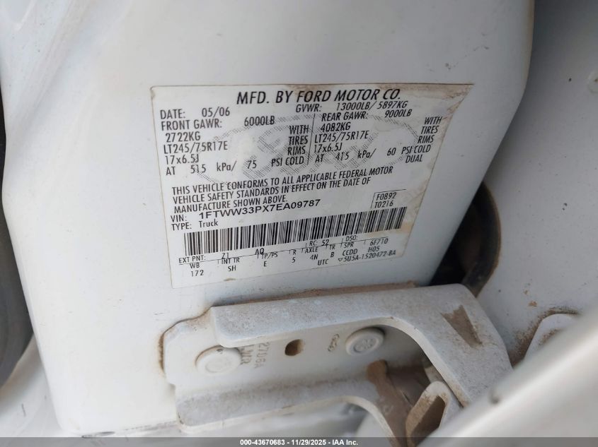 2007 Ford F-350 Lariat/Xl/Xlt VIN: 1FTWW33PX7EA09787 Lot: 43670683