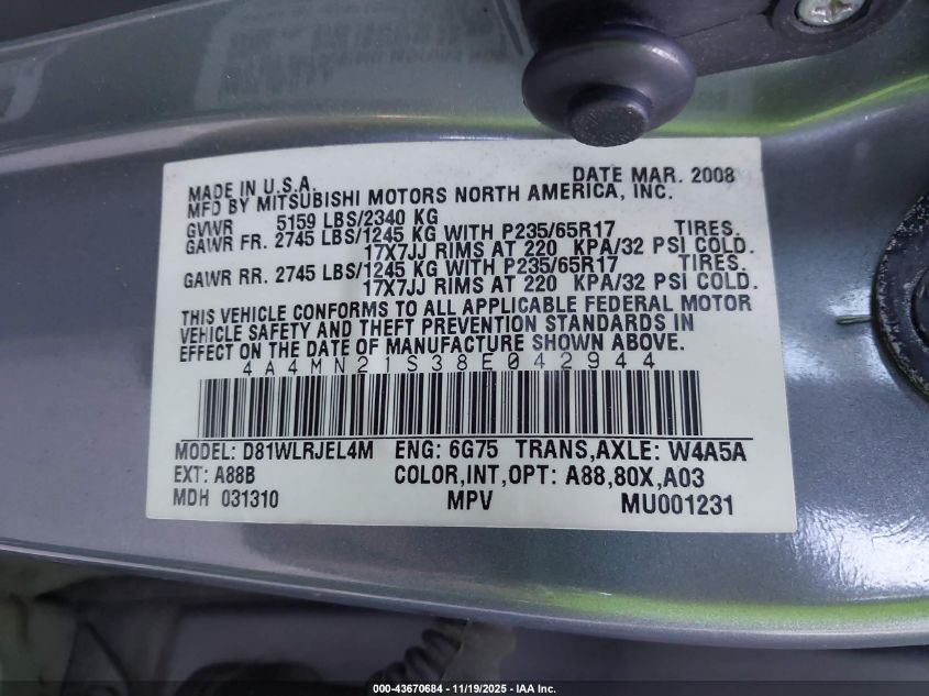 2008 Mitsubishi Endeavor Ls VIN: 4A4MN21S38E042944 Lot: 43670684