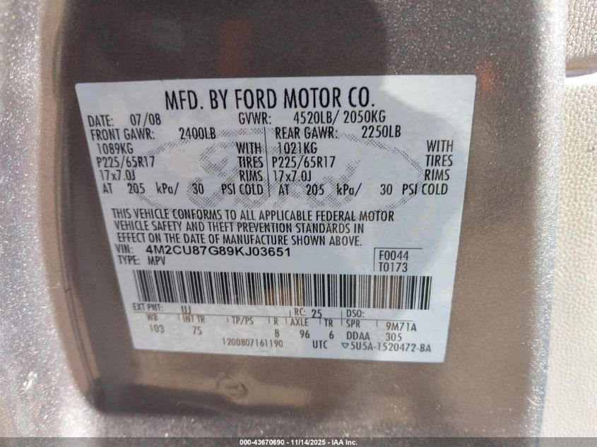 2009 Mercury Mariner Premier V6 VIN: 4M2CU87G89KJ03651 Lot: 43670690