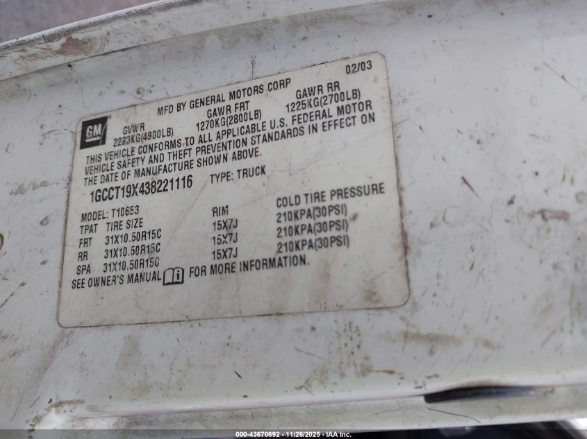 2003 Chevrolet S-10 Ls VIN: 1GCCT19X438221116 Lot: 43670692