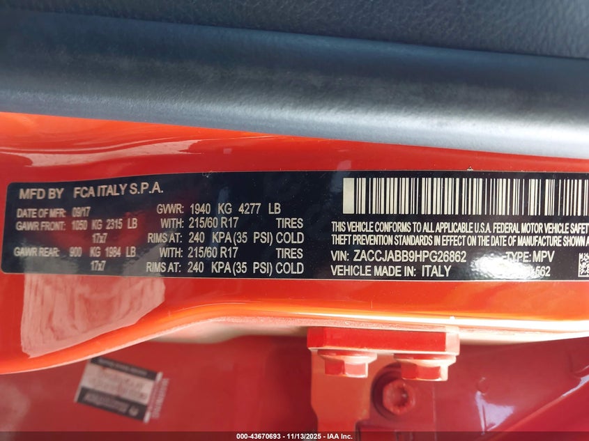 2017 Jeep Renegade Latitude Fwd VIN: ZACCJABB9HPG26862 Lot: 43670693