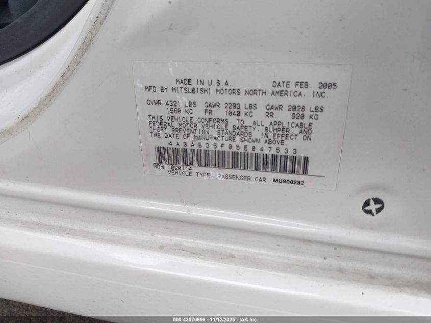 2005 Mitsubishi Galant Es/Se VIN: 4A3AB36F05E047533 Lot: 43670696