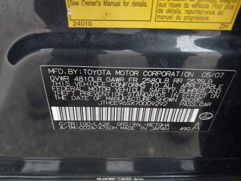 2007 Lexus Gs 350 VIN: JTHCE96SX70009292 Lot: 43670698