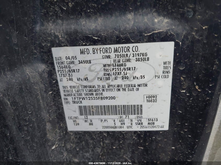 1FTPW12535FB09200 2005 FORD F-150 photo no. 9