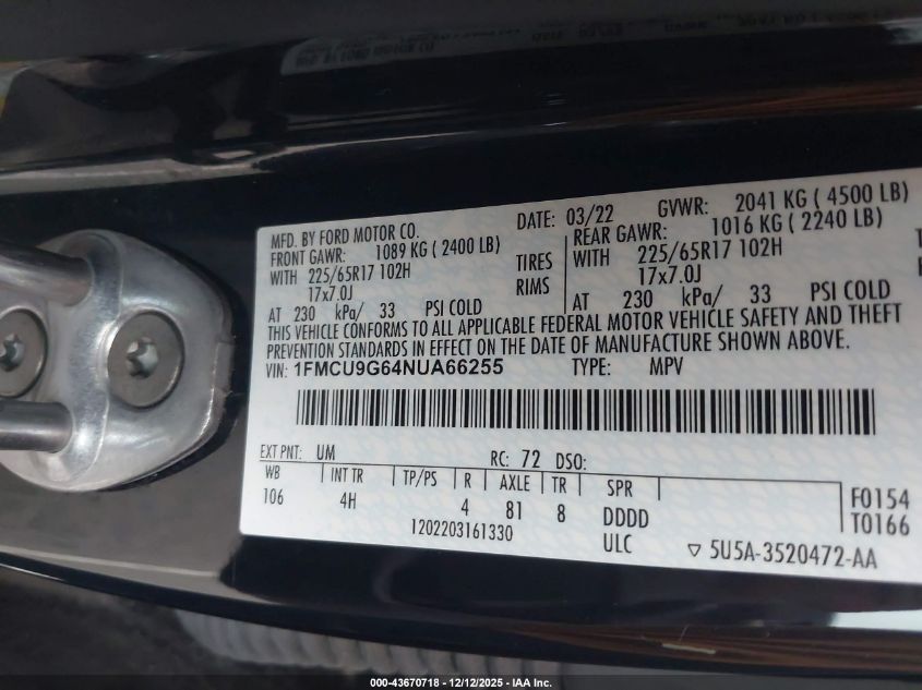 2022 Ford Escape Se VIN: 1FMCU9G64NUA66255 Lot: 43670718