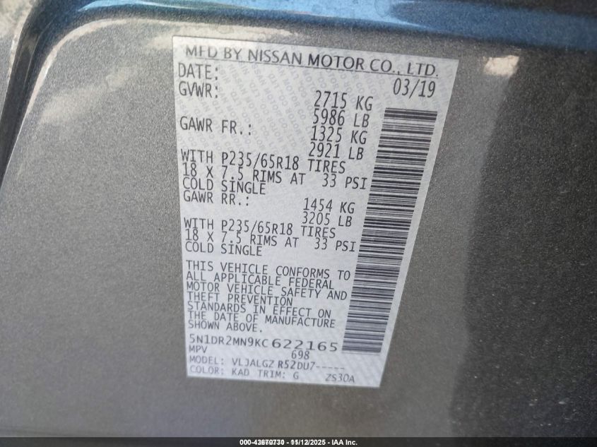 2019 Nissan Pathfinder Sl VIN: 5N1DR2MN9KC622165 Lot: 43670730