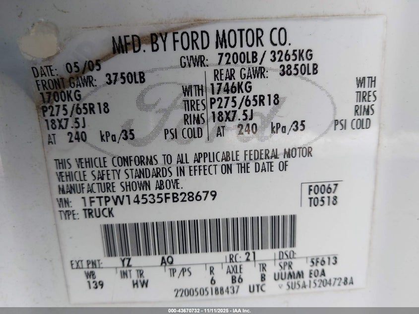 1FTPW14535FB28679 2005 FORD F-150 photo no. 9