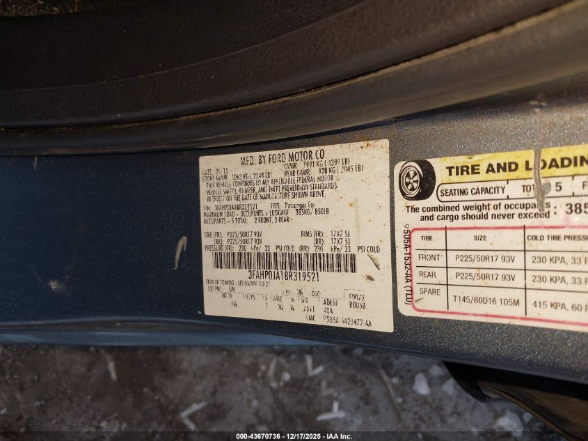 2011 Ford Fusion Sel VIN: 3FAHP0JA1BR319521 Lot: 43670736