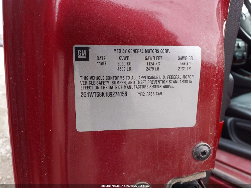 2008 Chevrolet Impala Lt VIN: 2G1WT58K189274158 Lot: 43670748