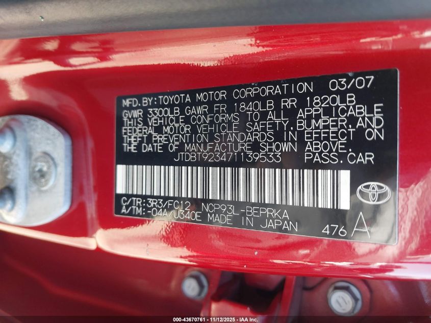 2007 Toyota Yaris VIN: JTDBT923471139533 Lot: 43670761