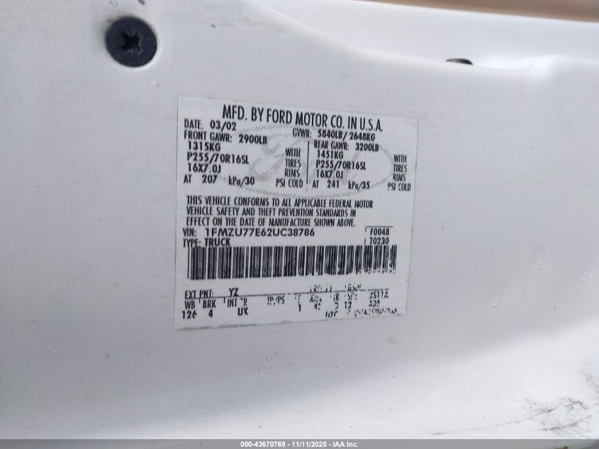 2002 Ford Explorer Sport Trac VIN: 1FMZU77E62UC38786 Lot: 43670769