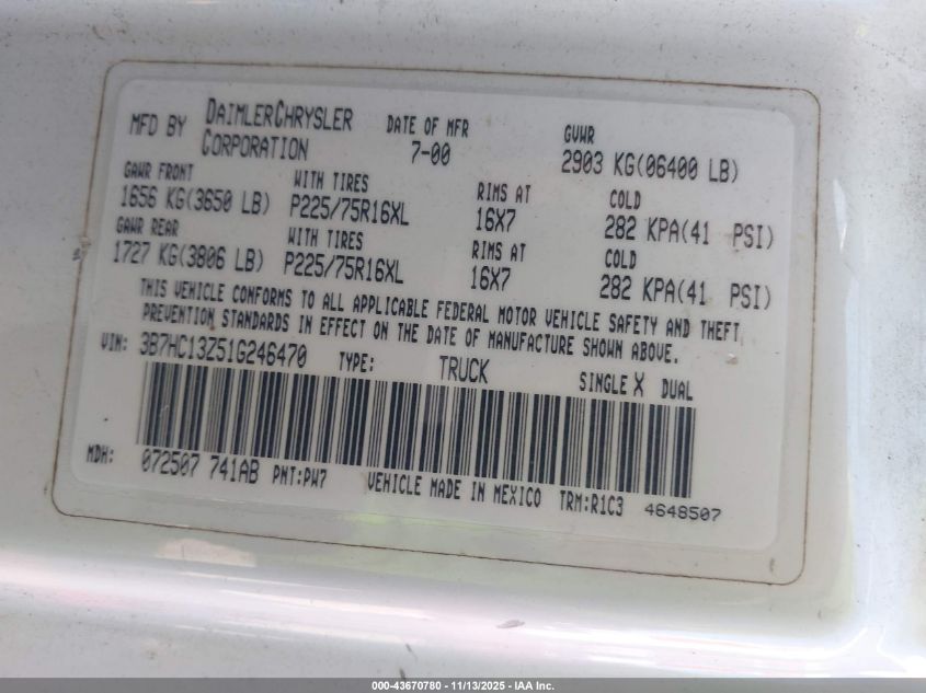 2001 Dodge Ram 1500 St VIN: 3B7HC13Z51G246470 Lot: 43670780