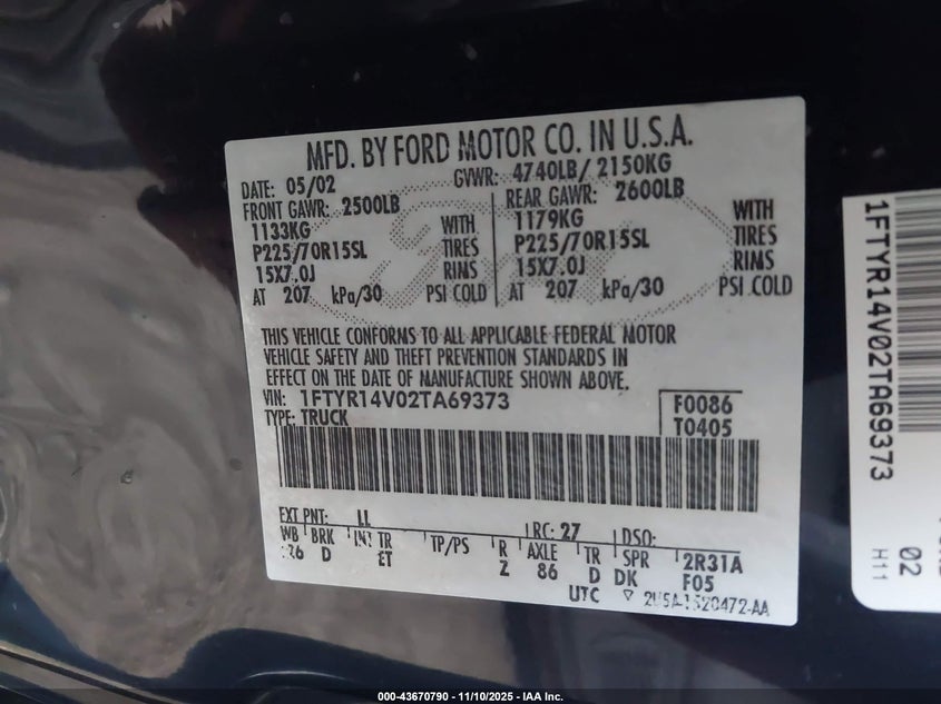 1FTYR14V02TA69373 2002 FORD RANGER photo no. 9