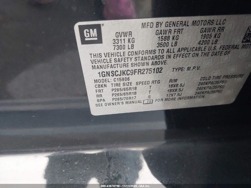 2015 Chevrolet Suburban 1500 Lt VIN: 1GNSCJKC9FR275102 Lot: 43670796