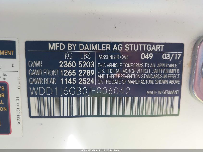 2018 Mercedes-Benz E 400 4Matic VIN: WDD1J6GB0JF006042 Lot: 43670799