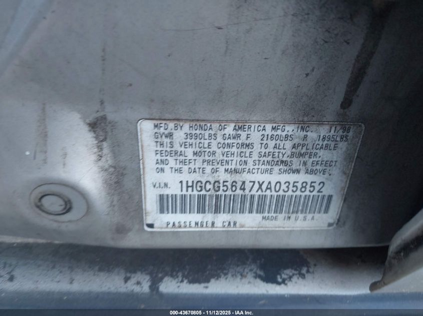 1999 Honda Accord Lx VIN: 1HGCG5647XA035852 Lot: 43670805