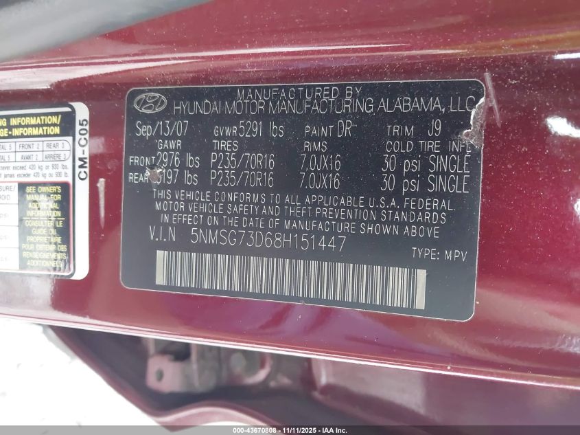 2008 Hyundai Santa Fe Gls VIN: 5NMSG73D68H151447 Lot: 43670808