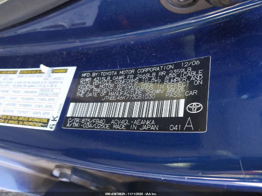 2007 Toyota Camry Le VIN: JTNBE46K773081030 Lot: 43670829