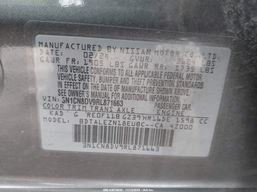 3N1CN8DV9RL871663 2024 NISSAN VERSA photo no. 9
