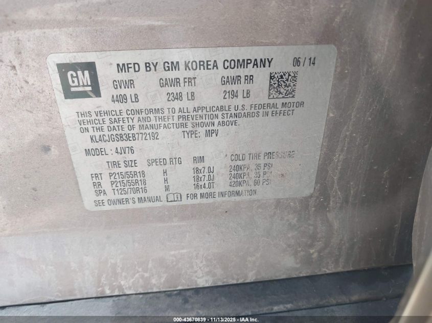 2014 Buick Encore Leather VIN: KL4CJGSB3EB772192 Lot: 43670839