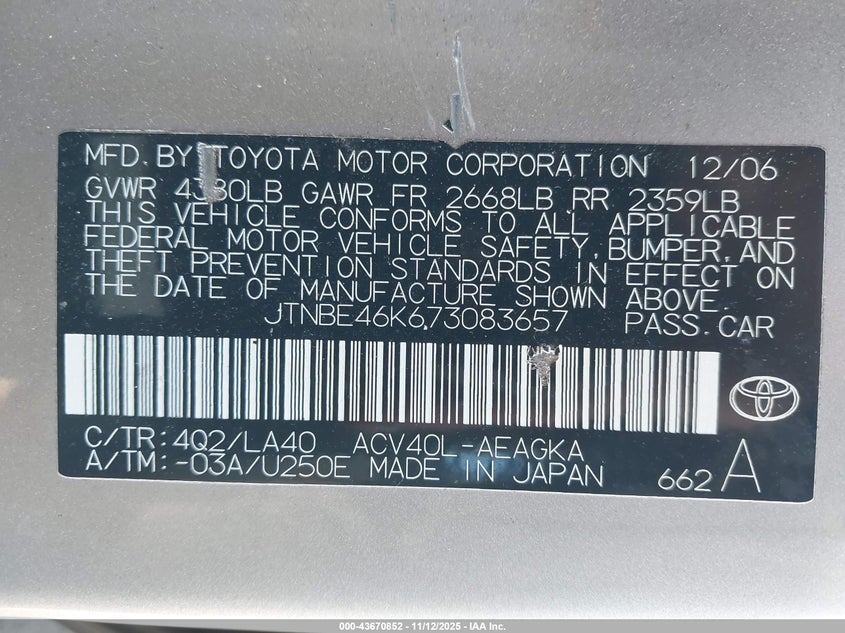 JTNBE46K673083657 2007 TOYOTA CAMRY photo no. 9