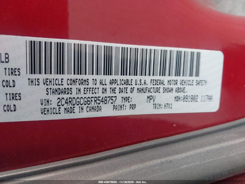 2015 Dodge Grand Caravan Sxt VIN: 2C4RDGCG6FR548757 Lot: 43670858