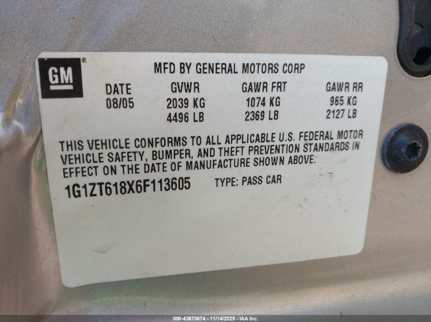 2006 Chevrolet Malibu Maxx Lt VIN: 1G1ZT618X6F113605 Lot: 43670874