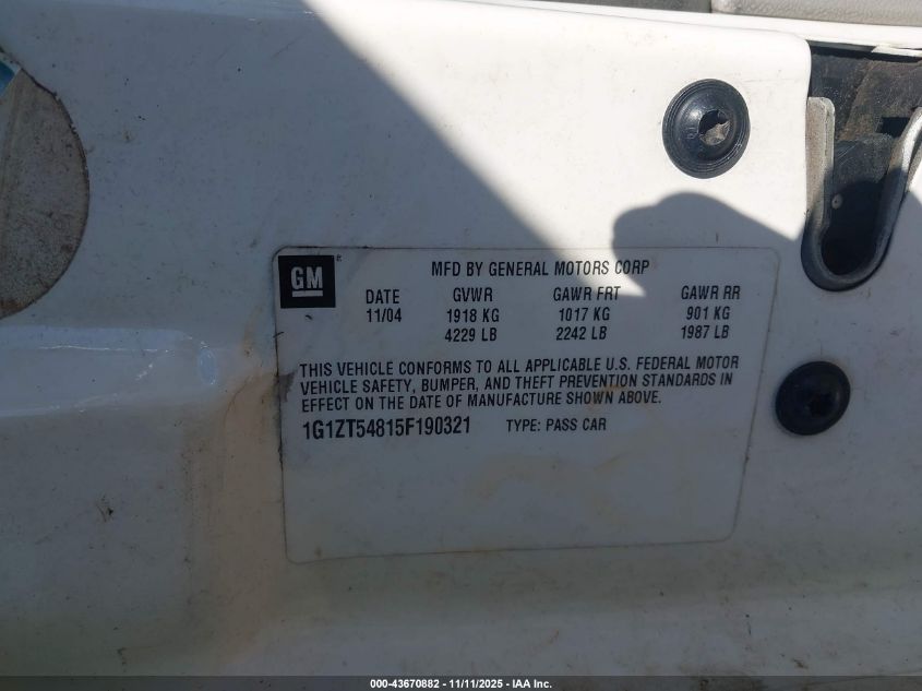 2005 Chevrolet Malibu Ls VIN: 1G1ZT54815F190321 Lot: 43670882