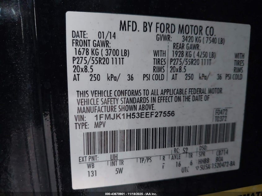 2014 Ford Expedition El King Ranch VIN: 1FMJK1H53EEF27556 Lot: 43670901