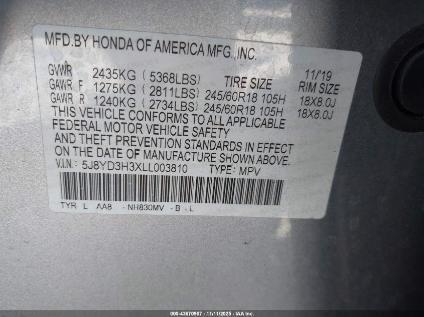 2020 Acura Mdx Standard VIN: 5J8YD3H3XLL003810 Lot: 43670907