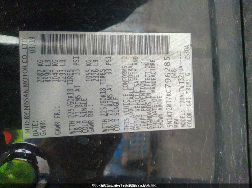 2019 Nissan Rogue Sv VIN: 5N1AT2MT7KC796285 Lot: 43670911