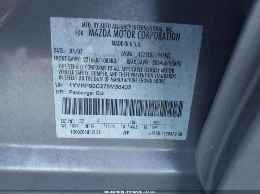 2007 Mazda Mazda6 I Sport Ve VIN: 1YVHP80C275M56435 Lot: 43670918