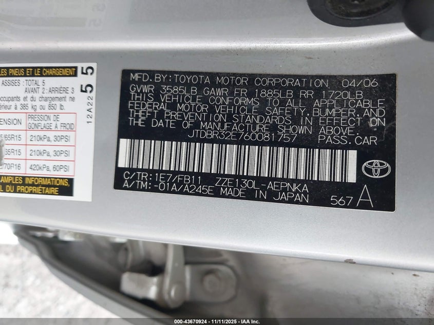 JTDBR32E760081757 2006 TOYOTA COROLLA photo no. 9