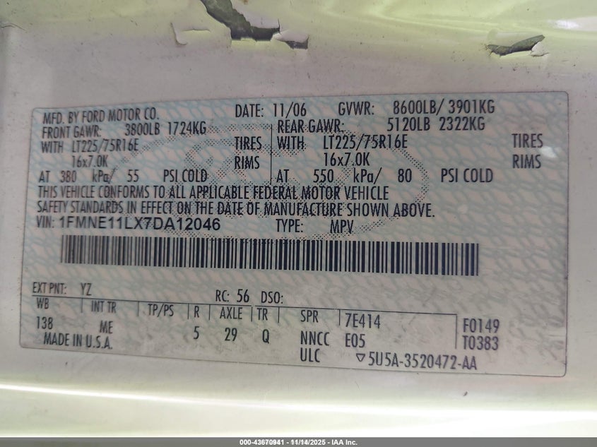 2007 Ford E-150 Chateau/Xl/Xlt VIN: 1FMNE11LX7DA12046 Lot: 43670941