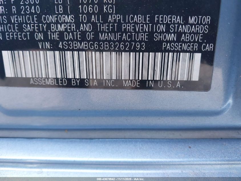 2011 Subaru Legacy 2.5I Premium VIN: 4S3BMBG63B3262793 Lot: 43670942