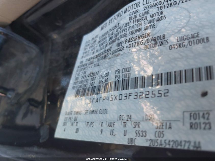 2003 Ford Mustang Gt VIN: 1FAFP45X03F322552 Lot: 43670952