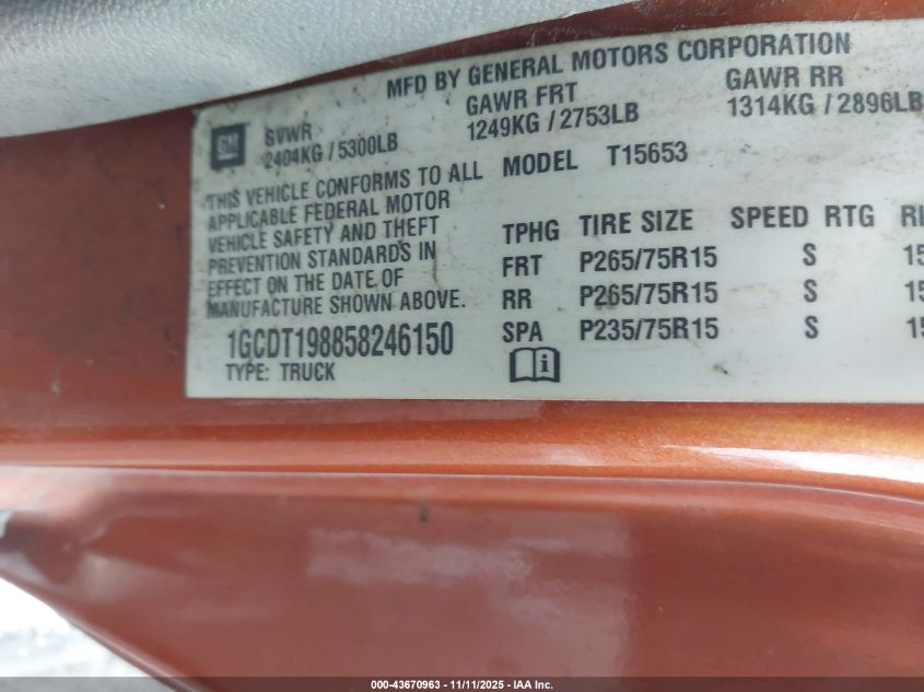 2005 Chevrolet Colorado VIN: 1GCDT198858246150 Lot: 43670963